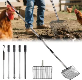 10 inch Large Chicken Poop Scooper,4 in1 Chicken Coop Poop Shovel,Adjustable 32" to 67" Stainless Steel Chicken Coop Scoop,Litter Sifting Shovel Poop Scooper for Chicken Coop Pet Waste