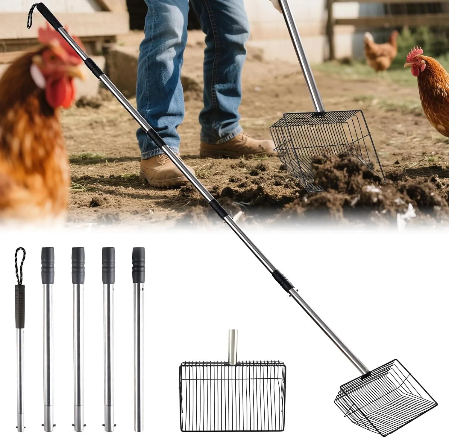 10 inch Large Chicken Poop Scooper,4 in1 Chicken Coop Poop Shovel,Adjustable 32" to 67" Stainless Steel Chicken Coop Scoop,Litter Sifting Shovel Poop Scooper for Chicken Coop Pet Waste
