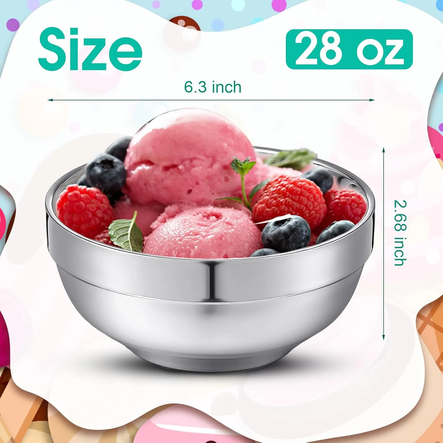 4 Pack 28 oz Stainless Steel Bowls Double Walled Insulated Ice Cream Bowls for Serving Soup Rice Cereal (Bright Style)