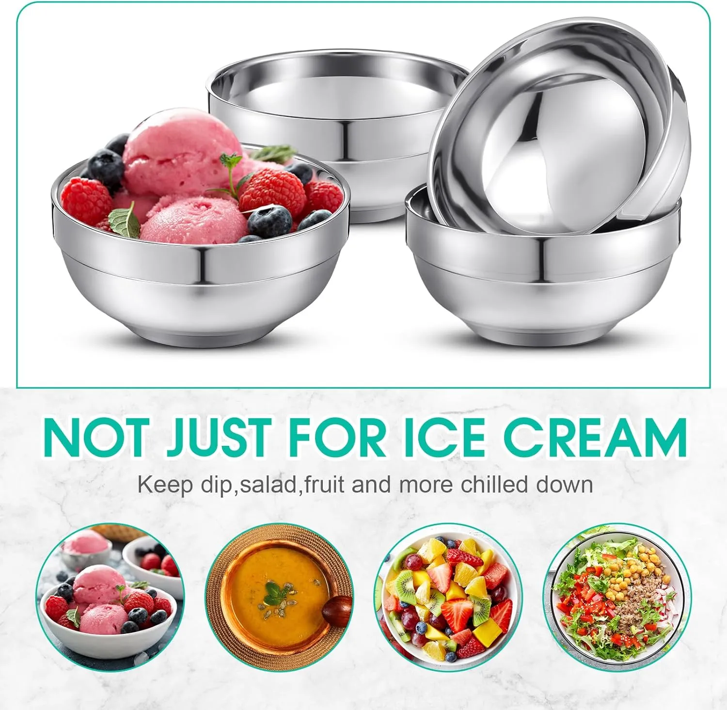 4 Pack 28 oz Stainless Steel Bowls Double Walled Insulated Ice Cream Bowls for Serving Soup Rice Cereal (Bright Style)