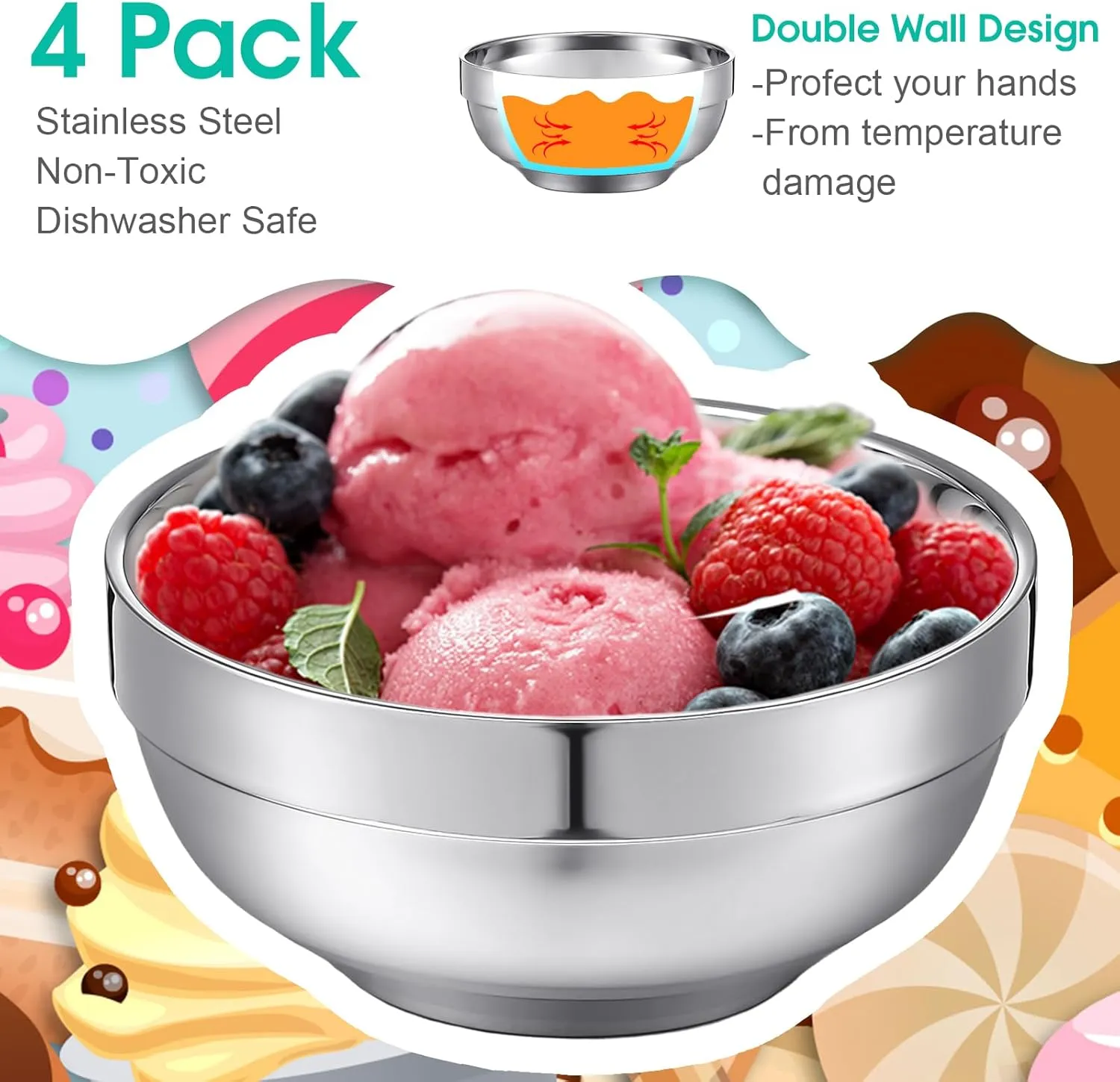4 Pack 28 oz Stainless Steel Bowls Double Walled Insulated Ice Cream Bowls for Serving Soup Rice Cereal (Bright Style)