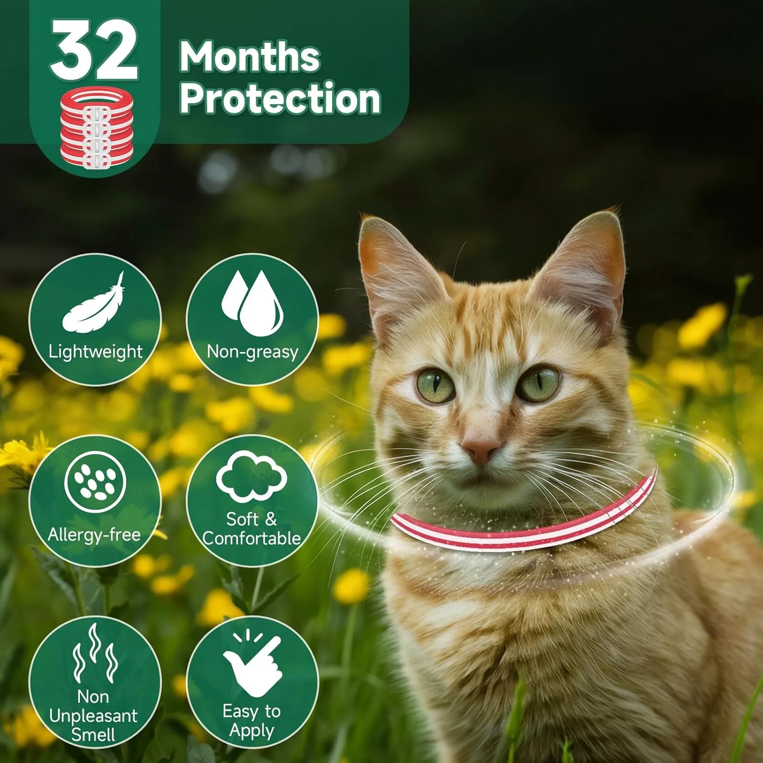 4 Pack Flea Collar for Cats, 32 Months Flea and Tick Prevention for Cats Collar, Cat Flea and Tick Treatment, Waterproof Cat Flea Collars, Adjustable Cat Flea and Tick Collar, Red & White