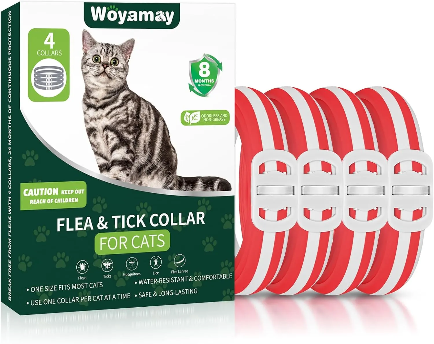 4 Pack Flea Collar for Cats, 32 Months Flea and Tick Prevention for Cats Collar, Cat Flea and Tick Treatment, Waterproof Cat Flea Collars, Adjustable Cat Flea and Tick Collar, Red & White