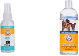 Arm & Hammer Bundle: Fresh Breath Dental Spray for Dogs, 4 Fl Oz Mint Flavor & Complete Care Odor and Flavorless Dental Water Additive, 16 Fl Oz - Reduces Plaque, Tartar, and Bad Breath