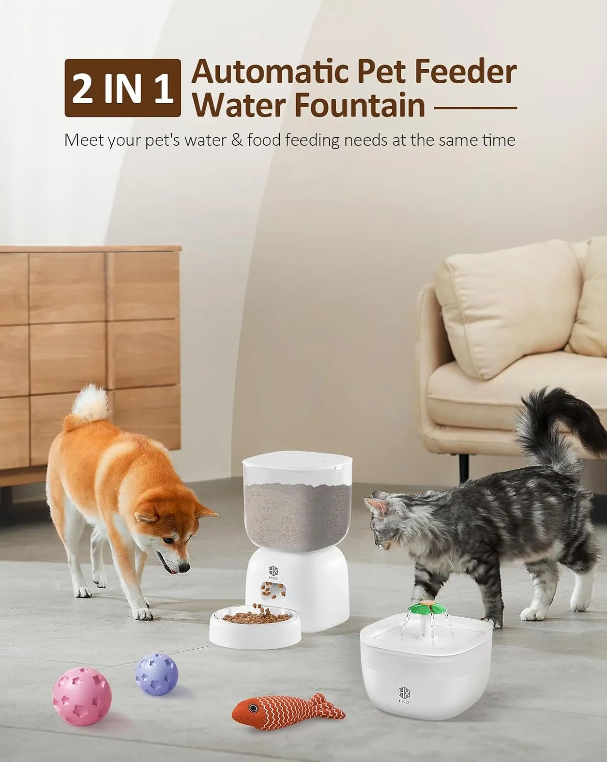 Automatic Cat Feeder with 3L Dry Cat Food Dispenser and 2L Water Fountain, Timed Dog Feeder with Portion Control and Daily Meals, Wire/Battery Automatic Feeders in White