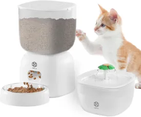 Automatic Cat Feeder with 3L Dry Cat Food Dispenser and 2L Water Fountain, Timed Dog Feeder with Portion Control and Daily Meals, Wire/Battery Automatic Feeders in White