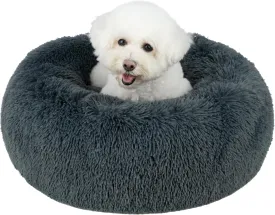 Best Pet Supplies Round Donut Dog Bed with Plush Faux Fur Fabric, Calming, Anti-Anxiety Cushion for Indoor Pets, Slip-Resistant Base, Soft Ergonomic Support - Gray, 24x24x7''