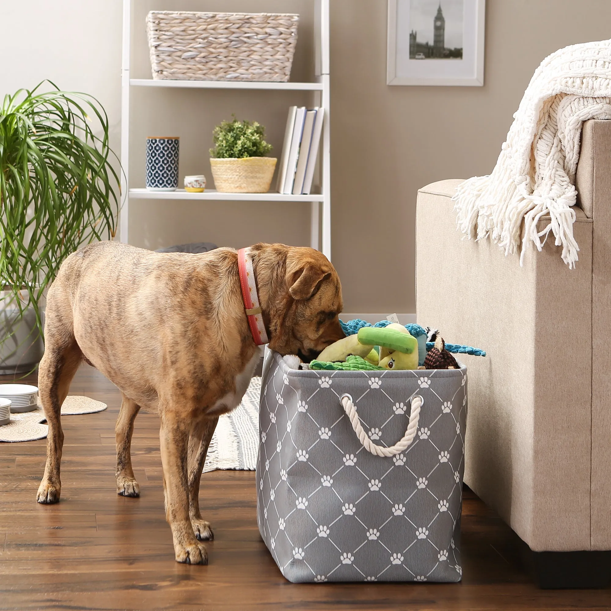 Bone Dry Collapsible Pet Storage Bin, Trellis Paw Print, Gray, Large - 17.5x12x15"