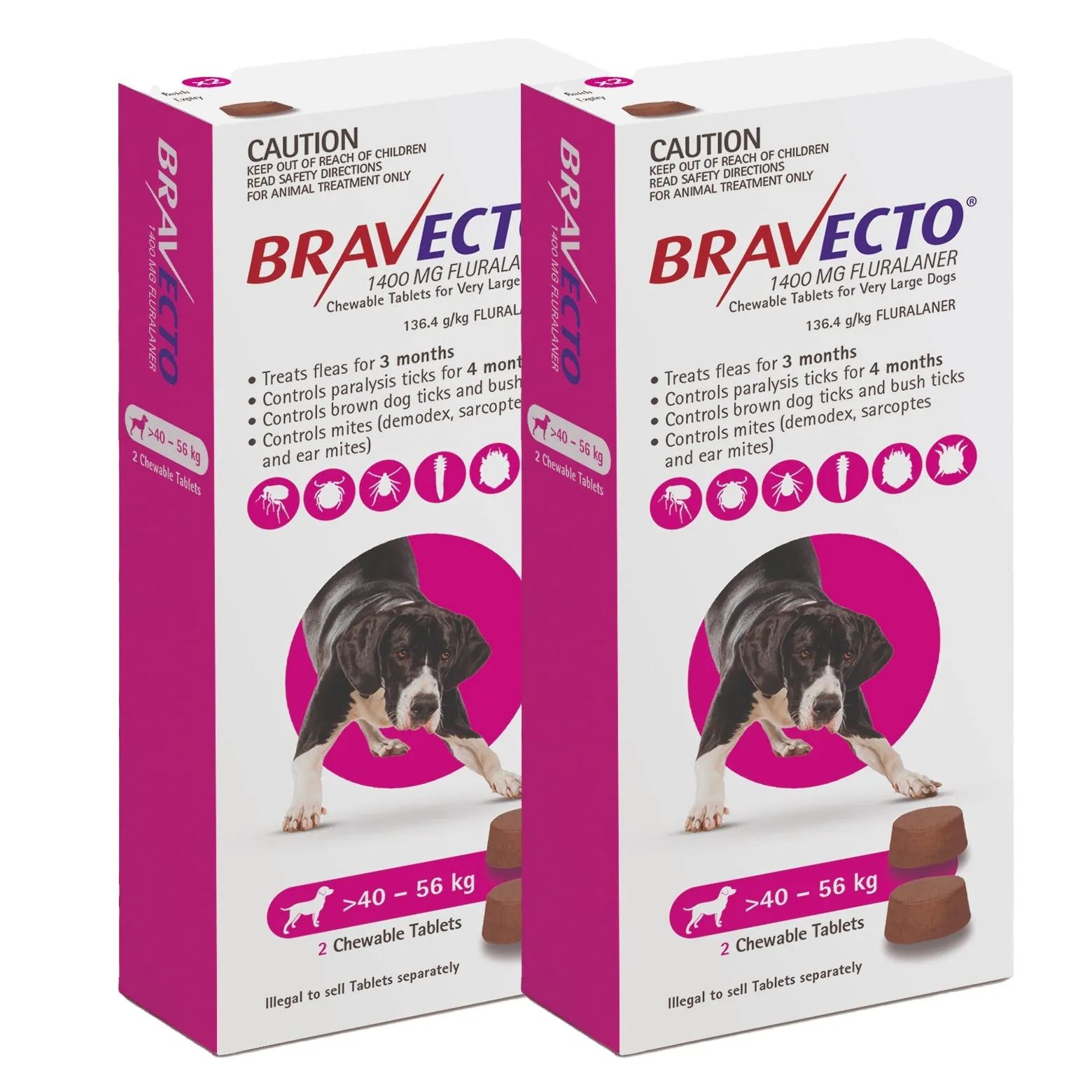 Bravecto 3-Month Chews for Very Large Dogs 40-56kg (Pink) - 2 x 2 Chew Value Bundle