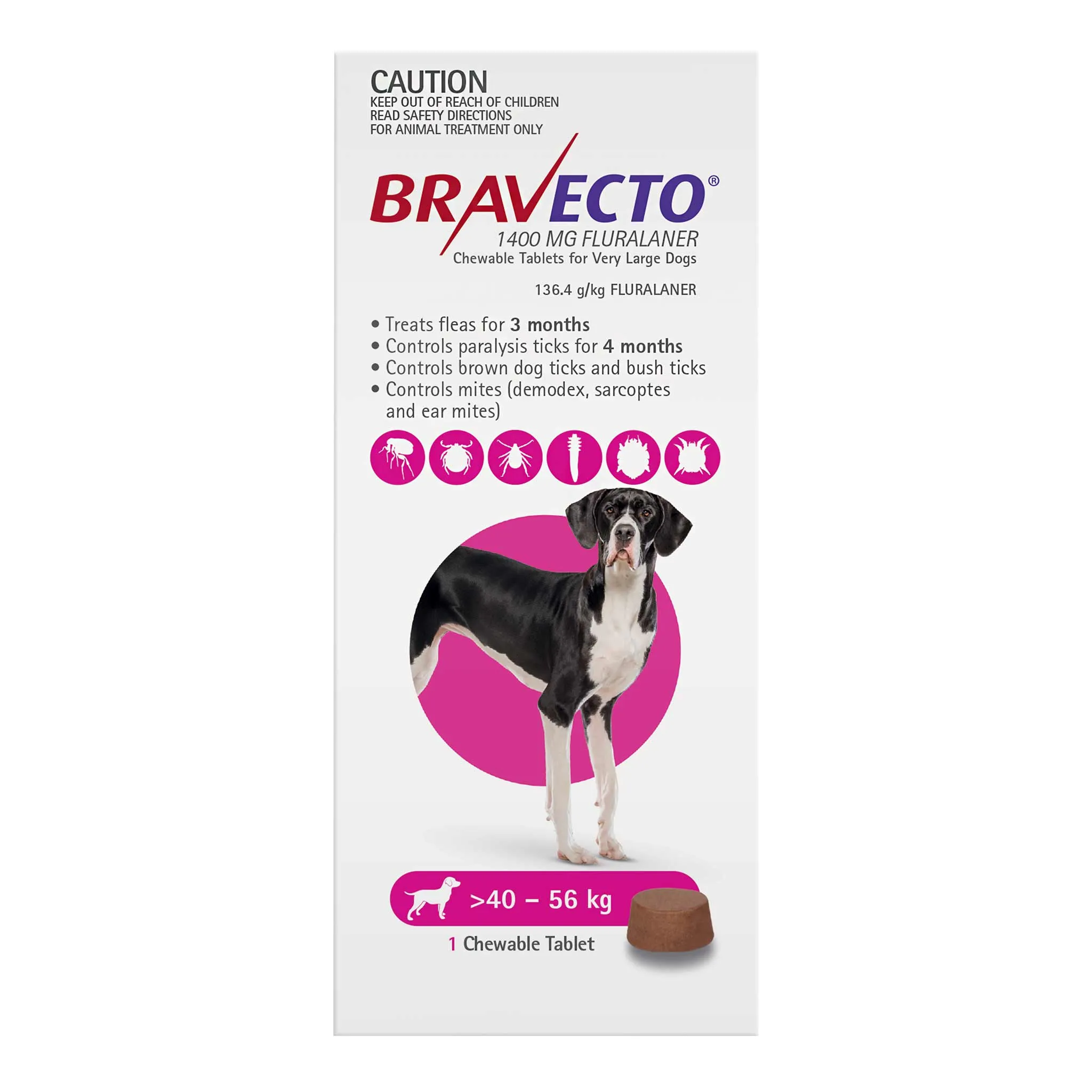 Bravecto 3-Month Chews for Very Large Dogs 40-56kg (Pink)