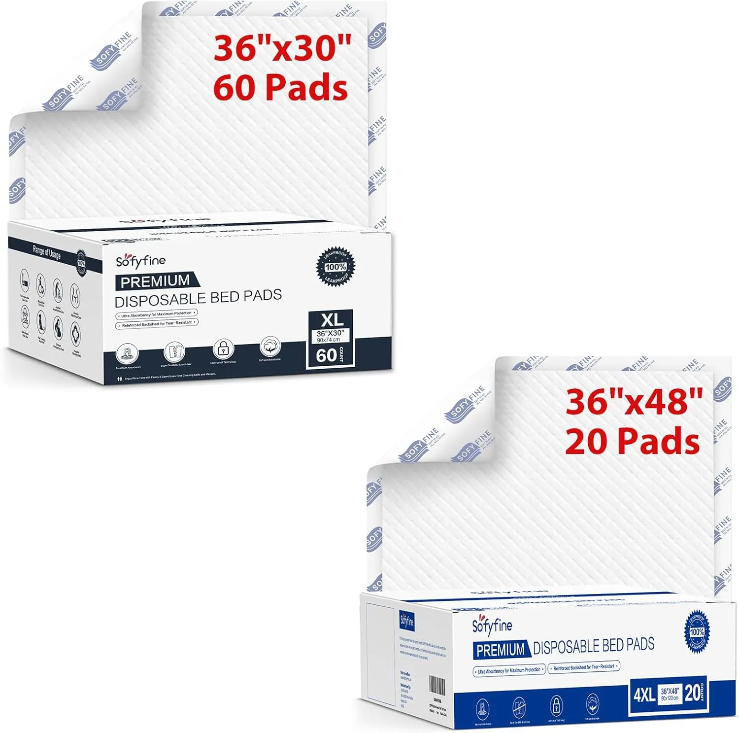 Bundle Total 80 Pads,Tear Resistant Disposable Bed Pads 30"x 36"(60 Count),Extra Large Disposable Bed Pads 36"x 48"(20 Count),10X Super Absorbency Heavy Duty Puppy Training Pads