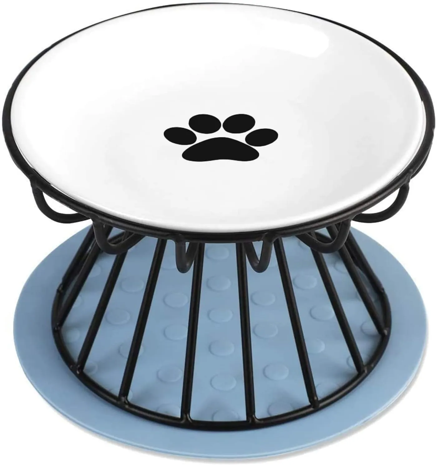 Cat Bowl-Raised Cat Food Bowl,Elevated Cat Feeder Bowl Stand, Food & Water Anti Vomiting Shallow Ceramic Cat Dish, with Non-Slip Mat Pet Bowl for All Cat (Black)