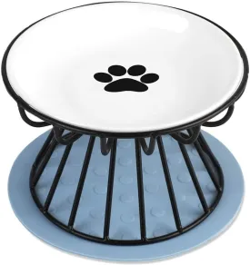 Cat Bowl-Raised Cat Food Bowl,Elevated Cat Feeder Bowl Stand, Food & Water Anti Vomiting Shallow Ceramic Cat Dish, with Non-Slip Mat Pet Bowl for All Cat (Black)
