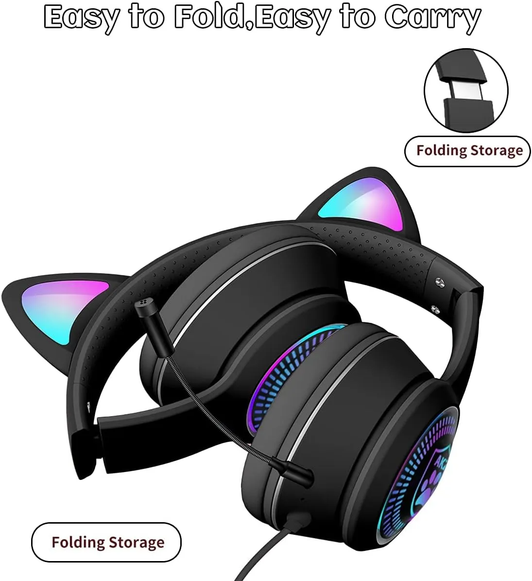 Cat Ear Gaming Headphones Wired AUX 3.5mm with LED Light, VIGROS Flashing Stereo Game Headphones Surround Sound Over-Ear Headsets with Microphone Fit Kids & Adult for PC, PS4, Switch, Mobile, Laptop