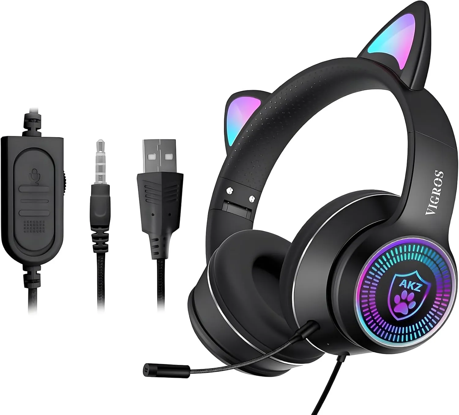 Cat Ear Gaming Headphones Wired AUX 3.5mm with LED Light, VIGROS Flashing Stereo Game Headphones Surround Sound Over-Ear Headsets with Microphone Fit Kids & Adult for PC, PS4, Switch, Mobile, Laptop