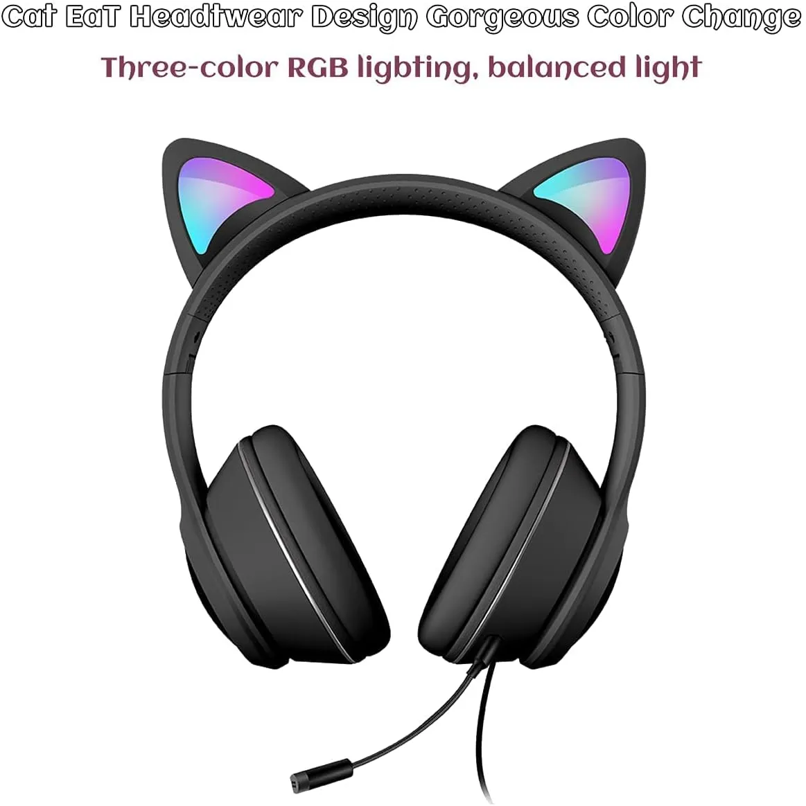 Cat Ear Gaming Headphones Wired AUX 3.5mm with LED Light, VIGROS Flashing Stereo Game Headphones Surround Sound Over-Ear Headsets with Microphone Fit Kids & Adult for PC, PS4, Switch, Mobile, Laptop