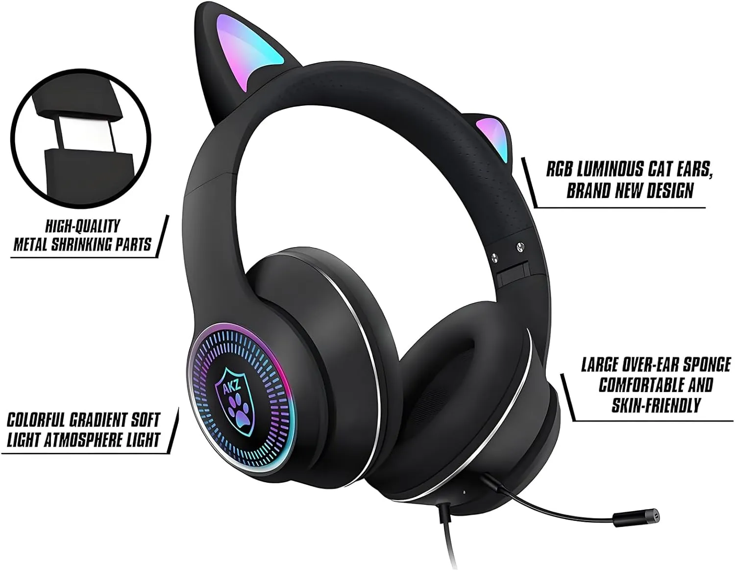 Cat Ear Gaming Headphones Wired AUX 3.5mm with LED Light, VIGROS Flashing Stereo Game Headphones Surround Sound Over-Ear Headsets with Microphone Fit Kids & Adult for PC, PS4, Switch, Mobile, Laptop