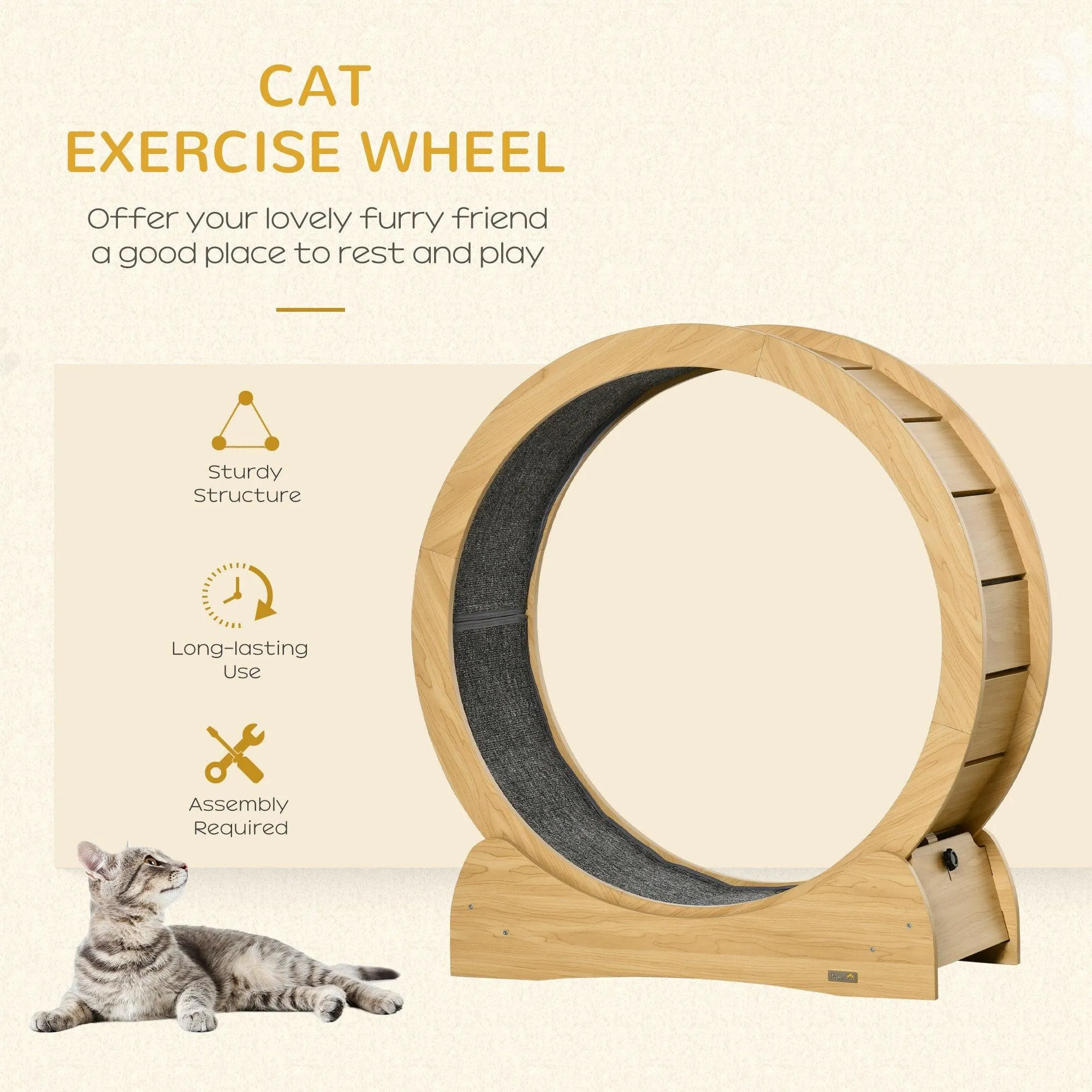 Cat Treadmill, Running Wheel for Exercise, 95cm - Natural Wood Finish