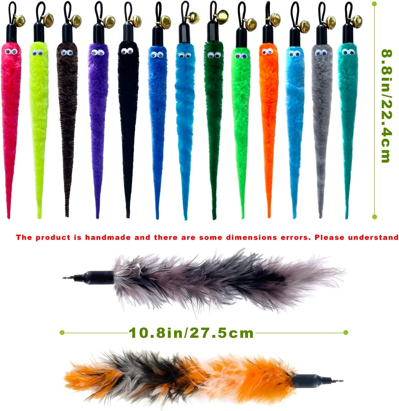 Cat Wand Toy Refills 15PCS with Bells, Interactive Durable Worm Attachments for Indoor Cats, Safe Teaser Replacement Cat Toys