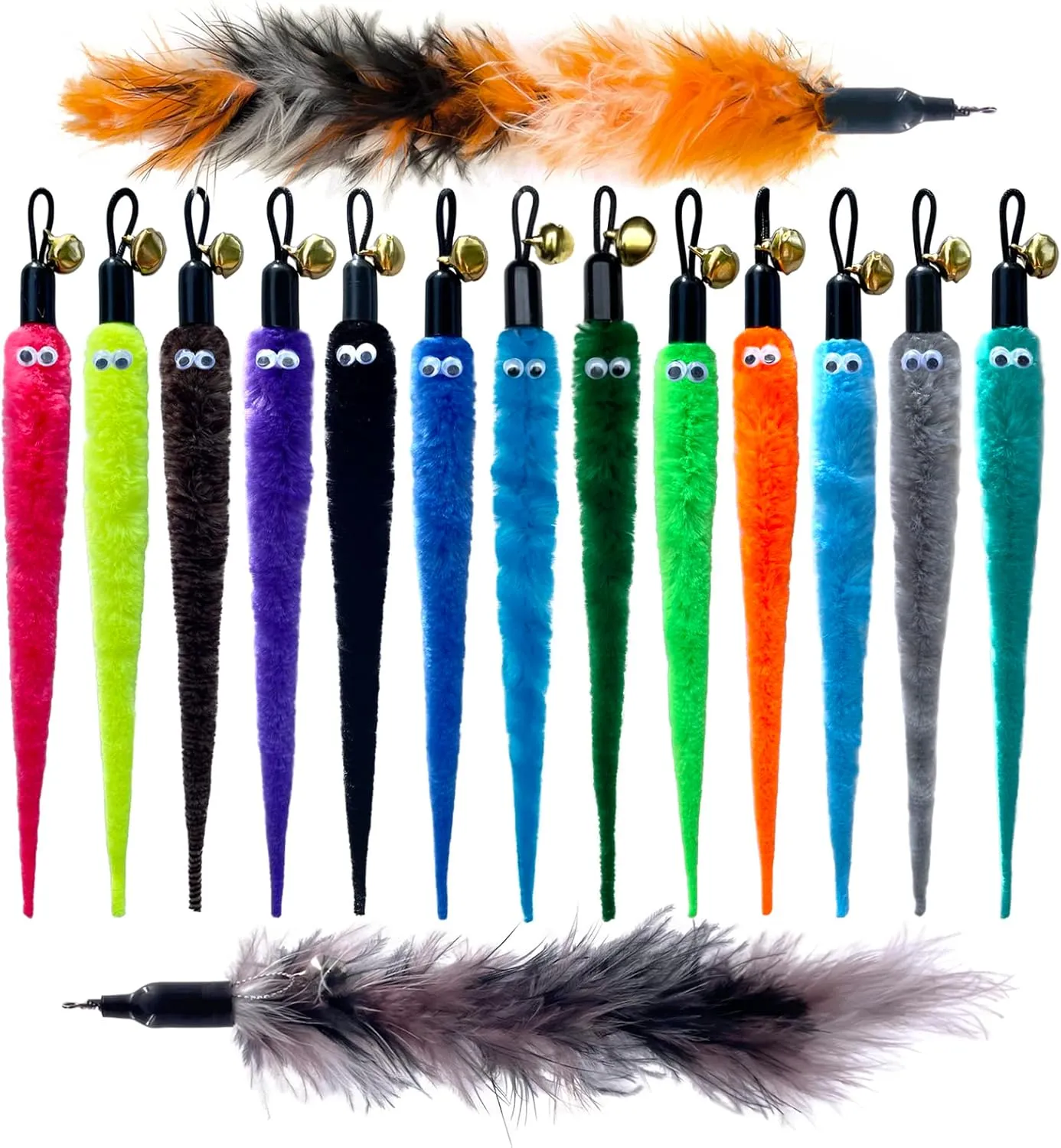 Cat Wand Toy Refills 15PCS with Bells, Interactive Durable Worm Attachments for Indoor Cats, Safe Teaser Replacement Cat Toys