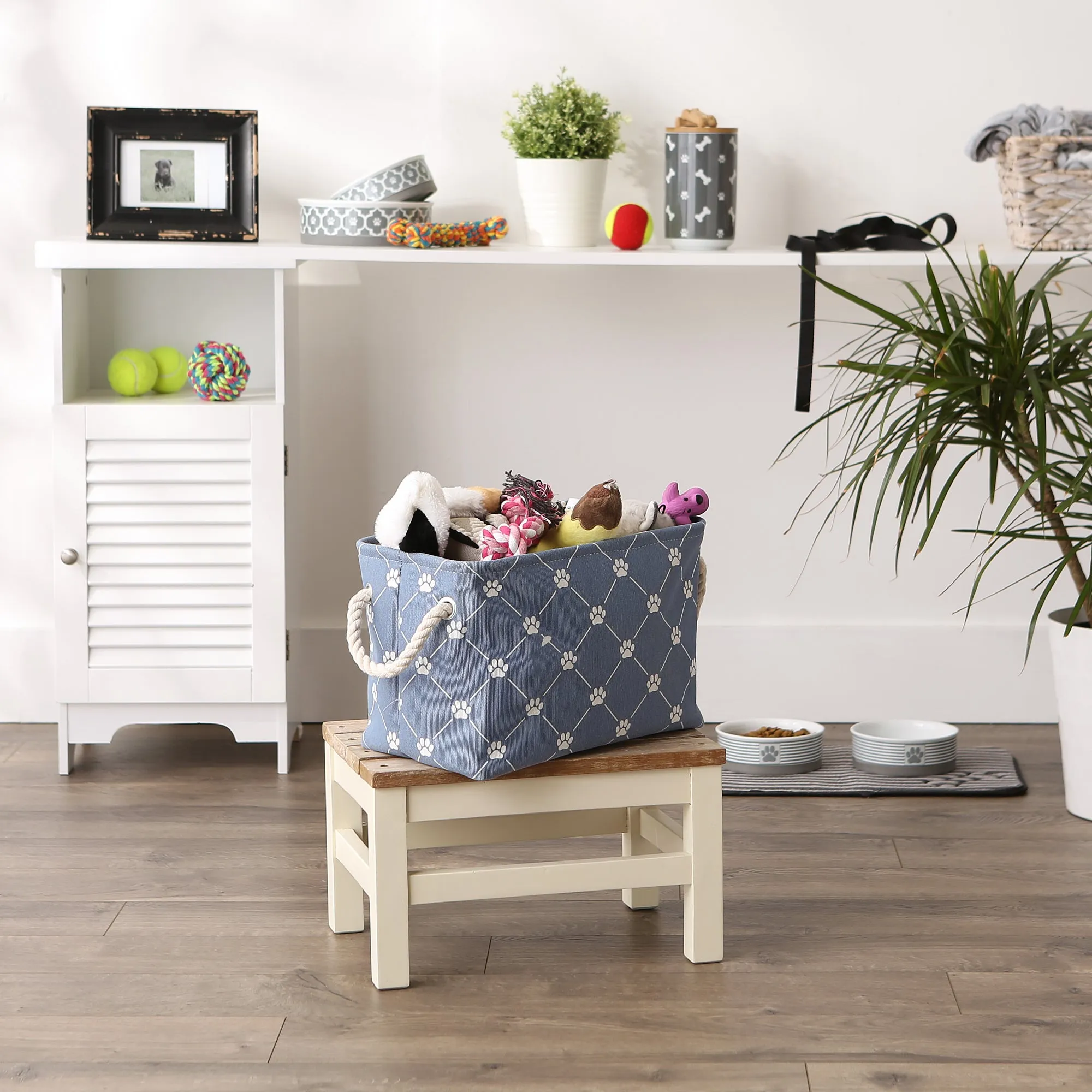 Collapsible Pet Storage Bin, Trellis Paw Print, Stonewash Blue, Small - 14x8x9"