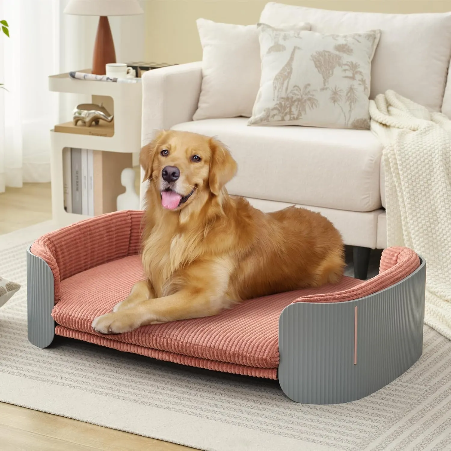 Dog's Pink Bed Morden Large Sofa Beds for Dogs with Removable Washable Flannel Cover Orthopedic Memory Rebound Foam Couch Puppy Essentials Anti-Scratch Grey PP Frame Indoor Elevated Pet Beds
