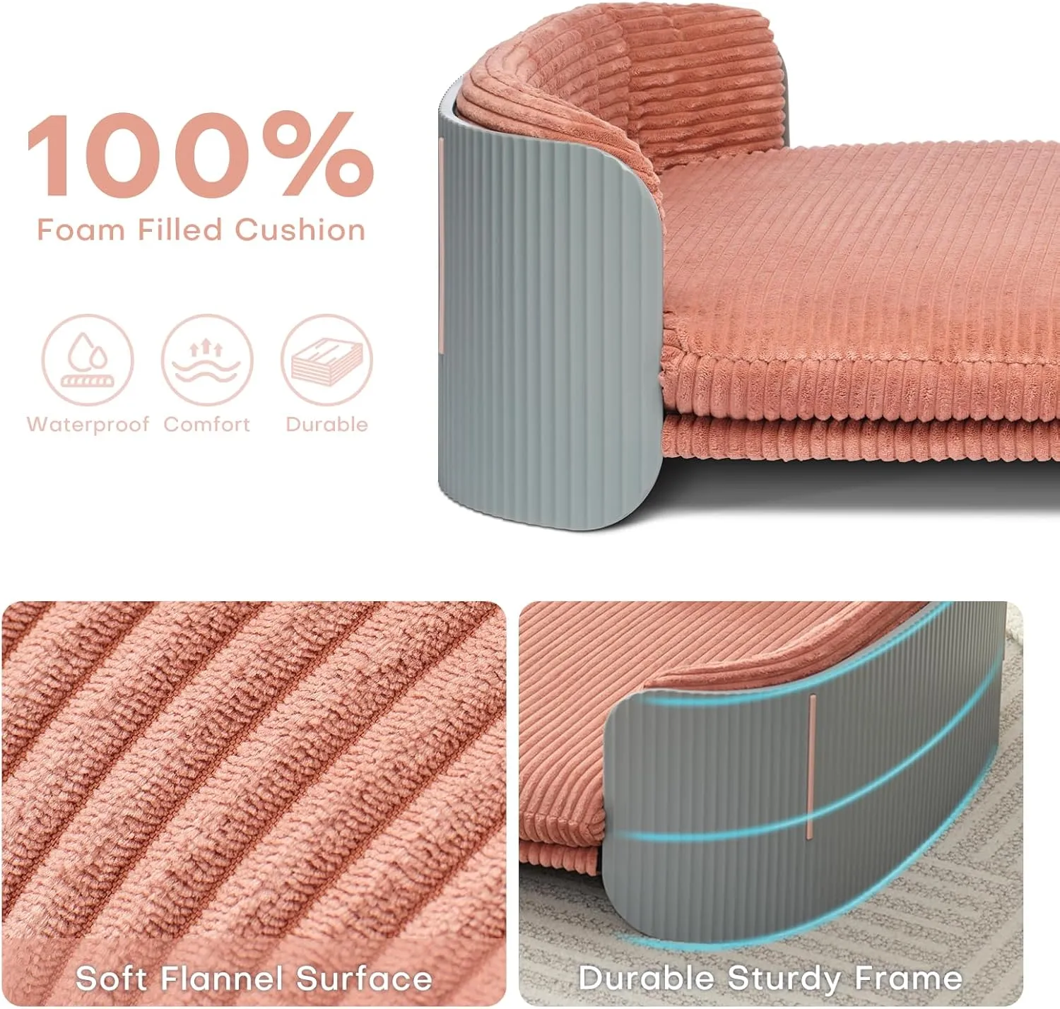 Dog's Pink Bed Morden Large Sofa Beds for Dogs with Removable Washable Flannel Cover Orthopedic Memory Rebound Foam Couch Puppy Essentials Anti-Scratch Grey PP Frame Indoor Elevated Pet Beds