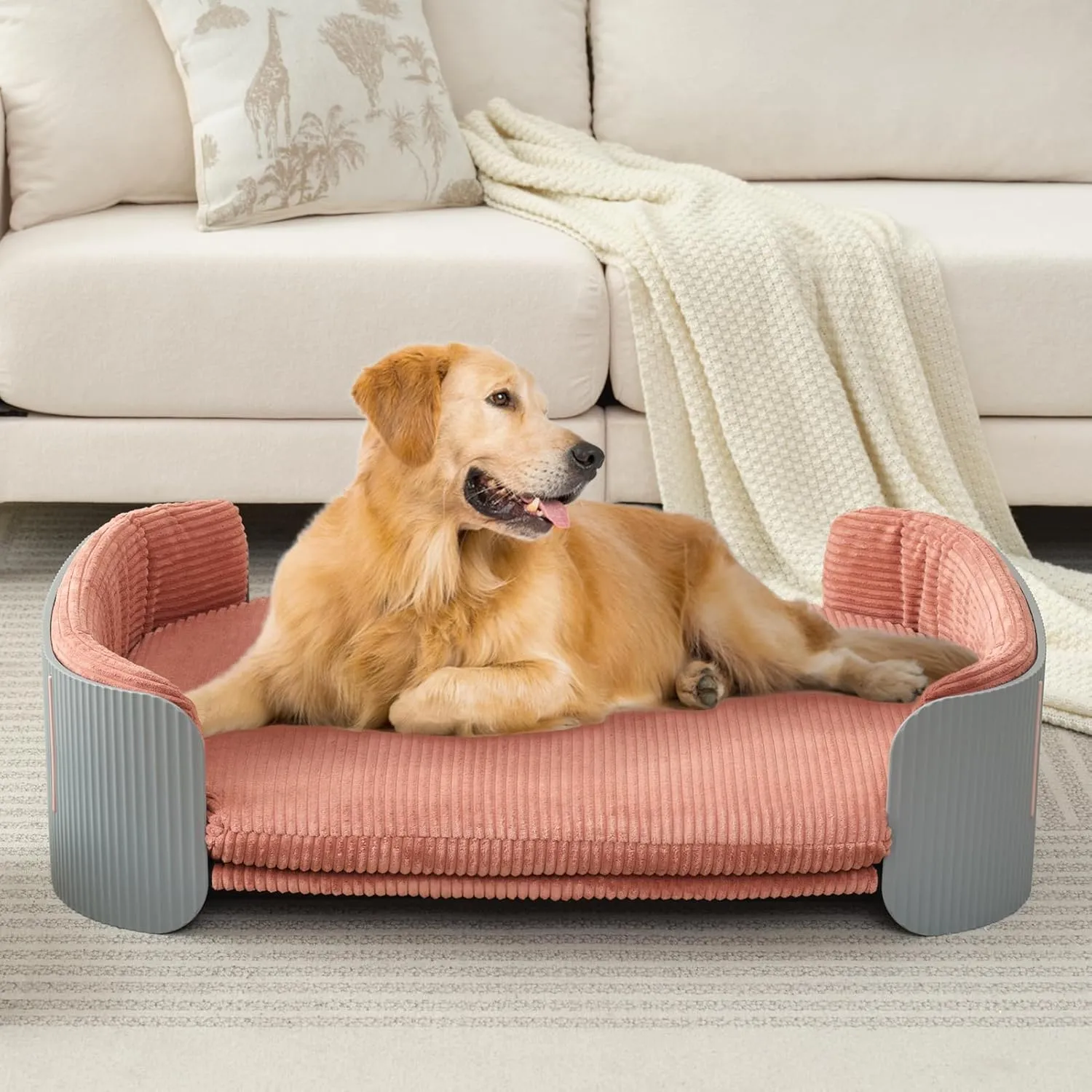 Dog's Pink Bed Morden Large Sofa Beds for Dogs with Removable Washable Flannel Cover Orthopedic Memory Rebound Foam Couch Puppy Essentials Anti-Scratch Grey PP Frame Indoor Elevated Pet Beds