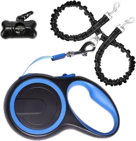 Dual Retractable Dog Leash for Walking 2 Small-Large Dogs up to 44lbs / 20 kg,Double Headed 16 ft Extendable Dog Leash with Poop Bags--Non Slip Grip, 360 Tangle-Free,One Button Break & Lock, Blue