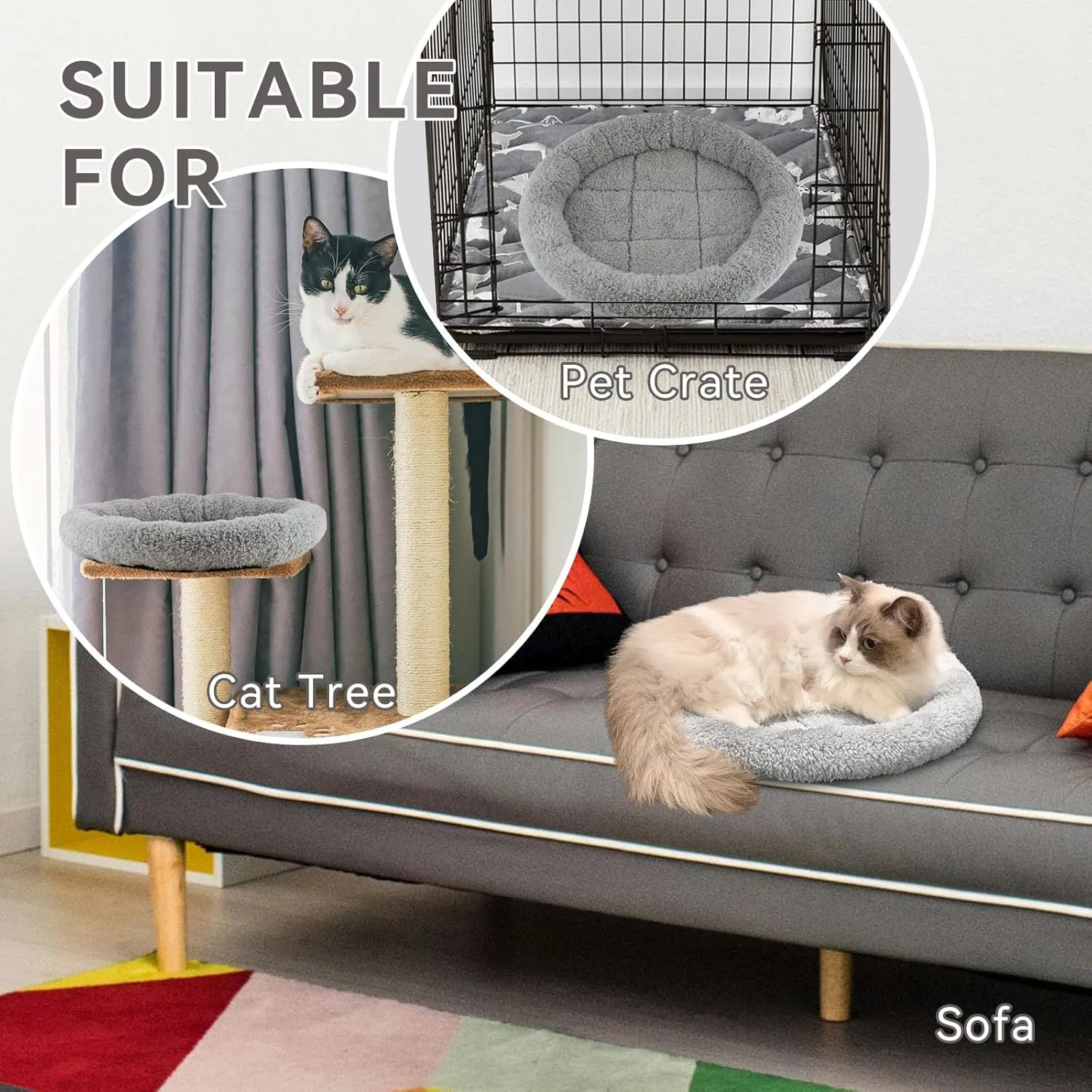 Enjoying Plush Cat Bed Mat, 15.75" Round, Self Warming Dog Bed with Pillow, Puppy Kitty Relying/Curling Sleep Cushion, Warm Bed for Small to Medium Dogs Cats Rabbits, Antiskid Bottom, Medium