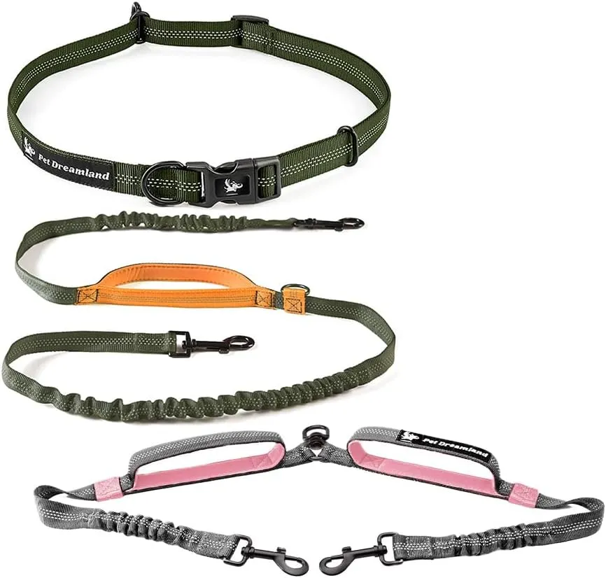 Exquisite Hands Free Dog Leash for Medium Dogs (Long - Khaki & Orange)   Dog Coupler 360 Leash Splitter for Medium Dogs (Pink)