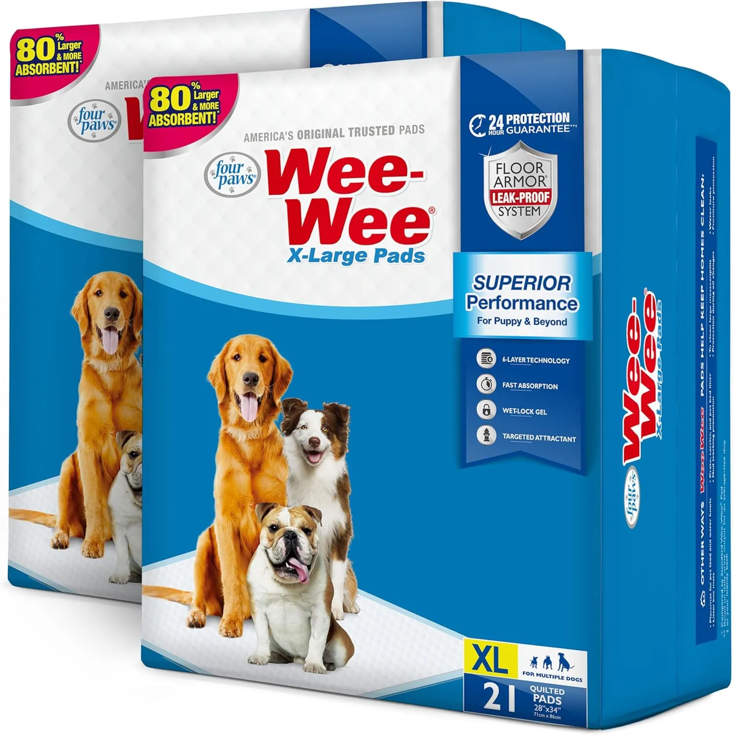 Four Paws Wee-Wee Superior Performance XL Pee Pads for Extra Large Dogs, Leak-Proof Floor Protection Dog & Puppy Quilted Potty Training Pads, Unscented, 28" x 34" (42 Count)