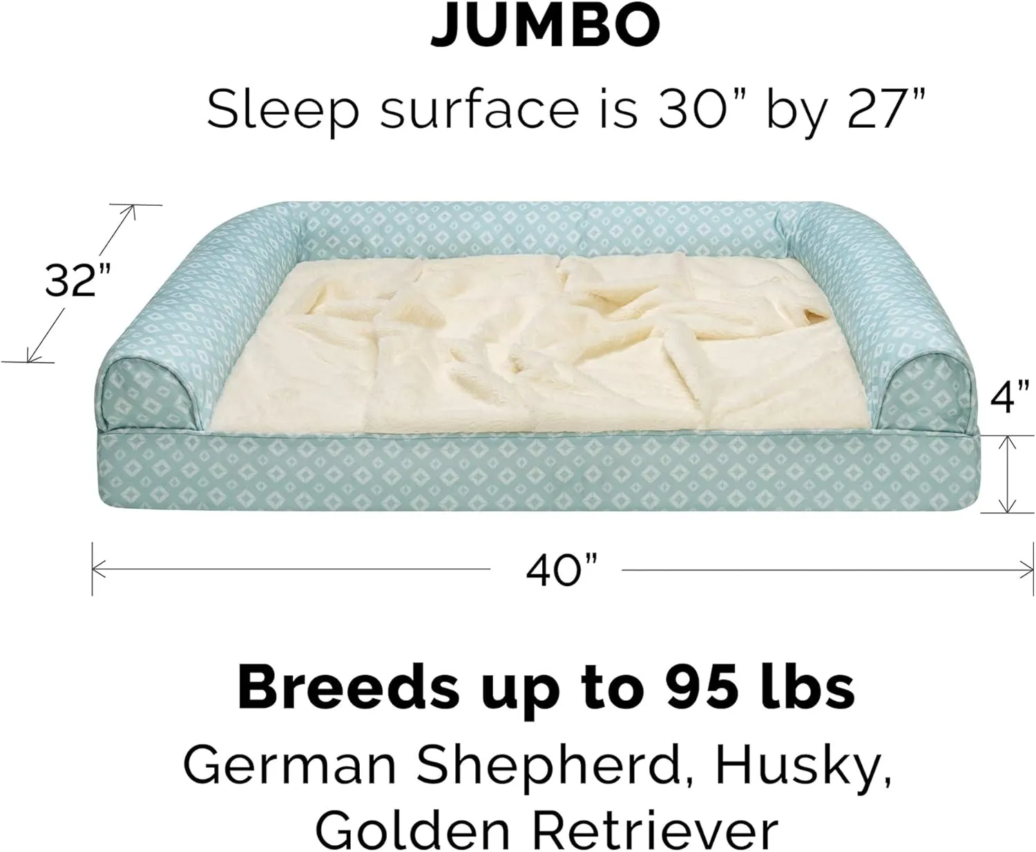 Furhaven Cozy Orthopedic Dog Bed for Large Dogs w/ Removable Bolsters & Washable Cover, For Dogs Up to 95 lbs - Plush & Diamond Print Nest Top Sofa - Aqua, Jumbo/XL