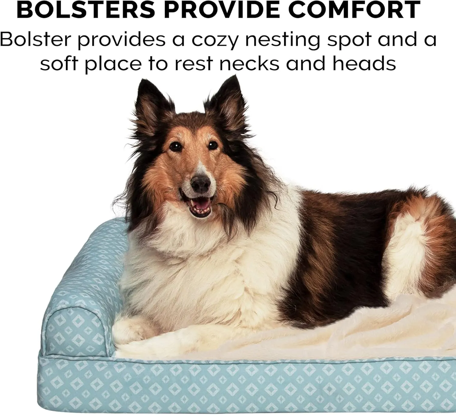 Furhaven Cozy Orthopedic Dog Bed for Large Dogs w/ Removable Bolsters & Washable Cover, For Dogs Up to 95 lbs - Plush & Diamond Print Nest Top Sofa - Aqua, Jumbo/XL