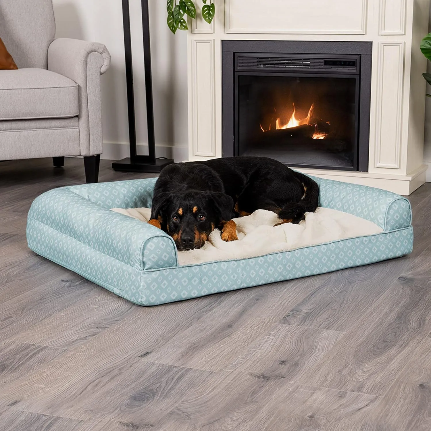 Furhaven Cozy Orthopedic Dog Bed for Large Dogs w/ Removable Bolsters & Washable Cover, For Dogs Up to 95 lbs - Plush & Diamond Print Nest Top Sofa - Aqua, Jumbo/XL