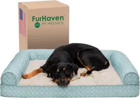Furhaven Cozy Orthopedic Dog Bed for Large Dogs w/ Removable Bolsters & Washable Cover, For Dogs Up to 95 lbs - Plush & Diamond Print Nest Top Sofa - Aqua, Jumbo/XL