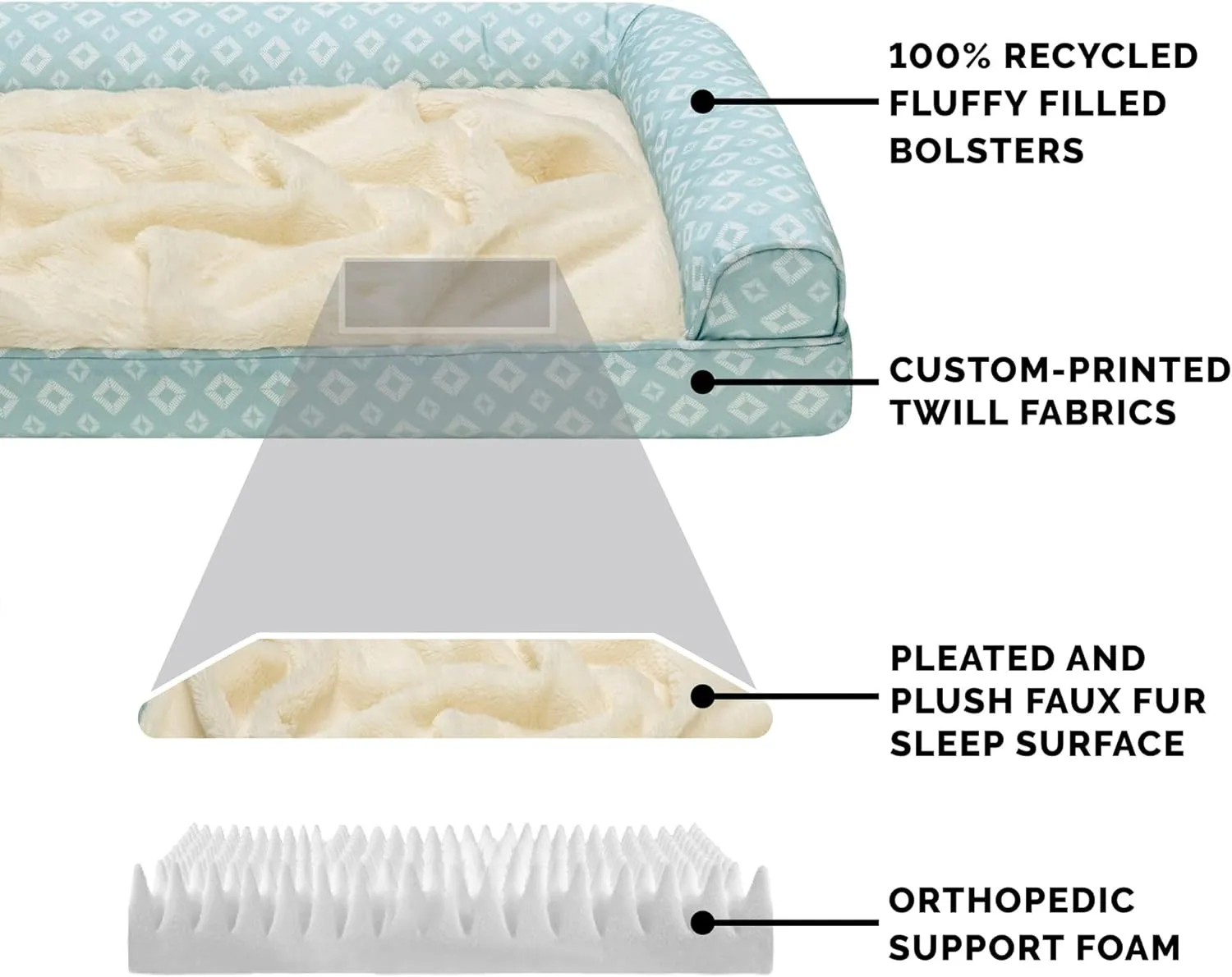 Furhaven Cozy Orthopedic Dog Bed for Large Dogs w/ Removable Bolsters & Washable Cover, For Dogs Up to 95 lbs - Plush & Diamond Print Nest Top Sofa - Aqua, Jumbo/XL