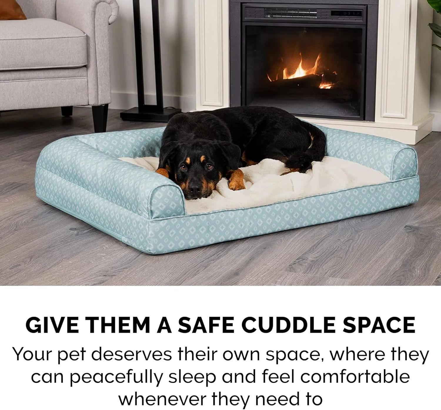 Furhaven Cozy Orthopedic Dog Bed for Large Dogs w/ Removable Bolsters & Washable Cover, For Dogs Up to 95 lbs - Plush & Diamond Print Nest Top Sofa - Aqua, Jumbo/XL