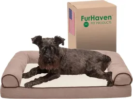 Furhaven Memory Foam Dog Bed for Medium/Small Dogs w/ Removable Bolsters & Washable Cover, For Dogs Up to 35 lbs - Sherpa & Chenille Sofa - Cream, Medium
