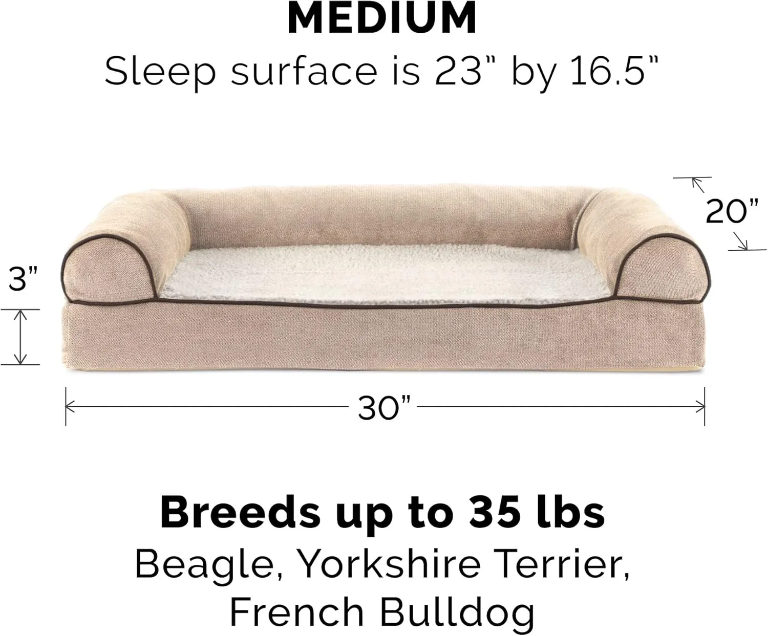 Furhaven Memory Foam Dog Bed for Medium/Small Dogs w/ Removable Bolsters & Washable Cover, For Dogs Up to 35 lbs - Sherpa & Chenille Sofa - Cream, Medium