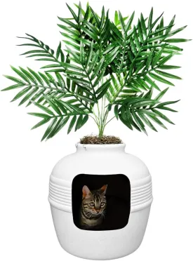 Good Pet Stuff Hidden Cat Litter Box Enclosure with Artificial Plant, Decorative Round Planter, Vented Carbon Charcoal Filter for Odor Control, Easy-to-Clean, Made in USA, Base Kit, White