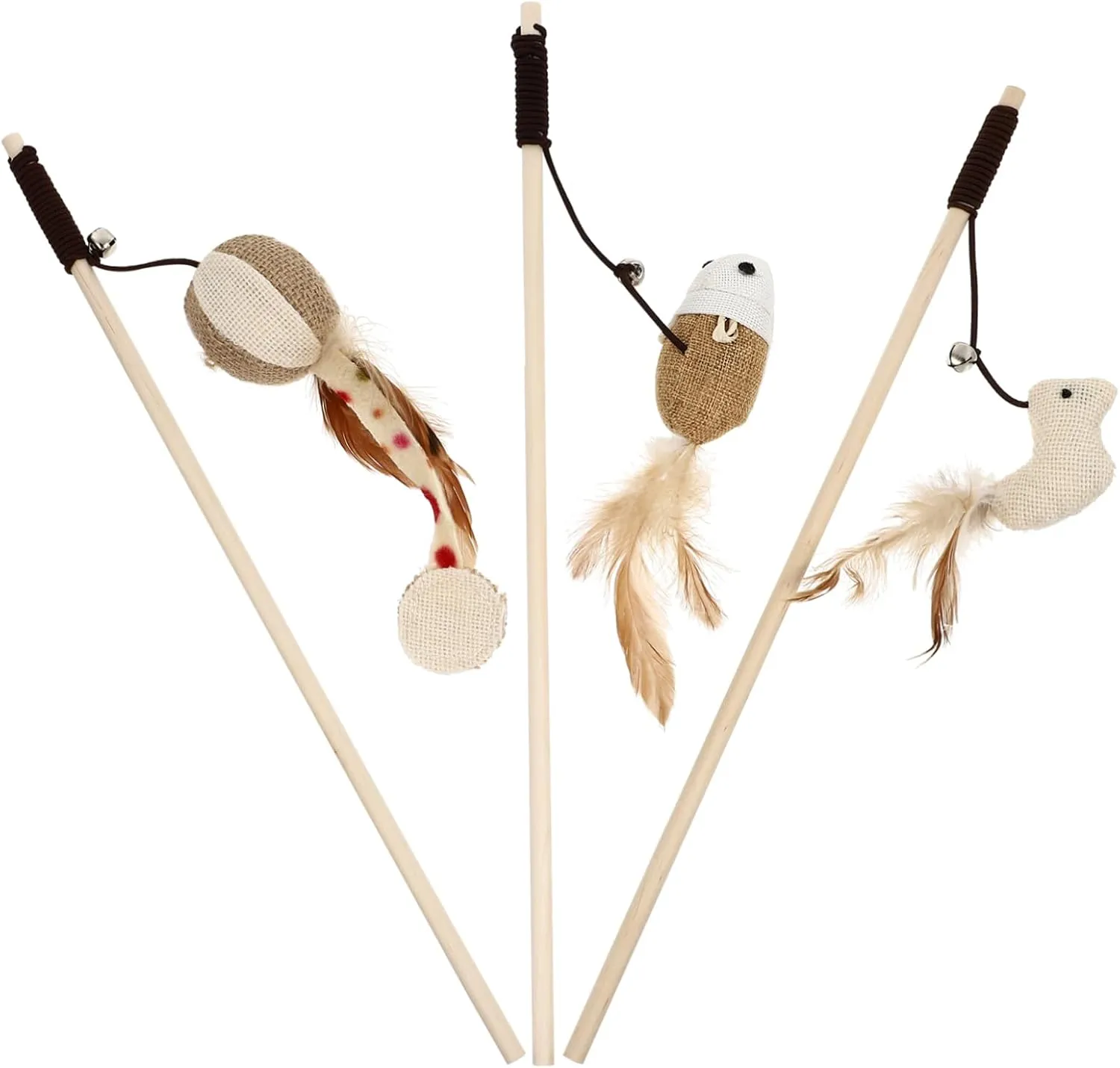 Kisangel 3pcs Original Wood Cat Teaser Wand with Bell Interactive Toys for Indoor Cats