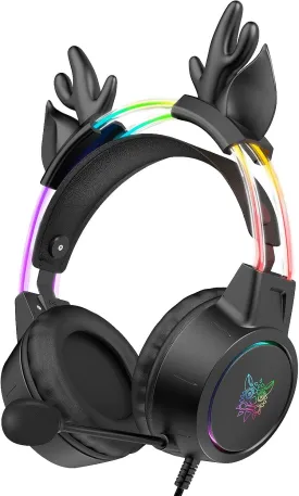 Lightweight Gaming Headset with Detachable Deer Ear, RGB Lighting, Wired Over Ear Headphones with Mic for PC, PS4, PS5, Xbox, Switch, Stereo Surround Sound, Self-Adjusting Headband
