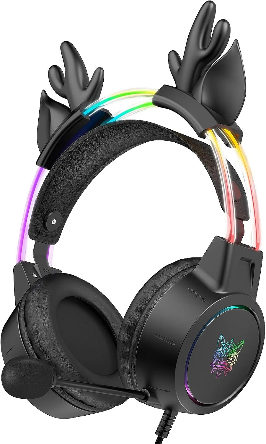 Lightweight Gaming Headset with Detachable Deer Ear, RGB Lighting, Wired Over Ear Headphones with Mic for PC, PS4, PS5, Xbox, Switch, Stereo Surround Sound, Self-Adjusting Headband
