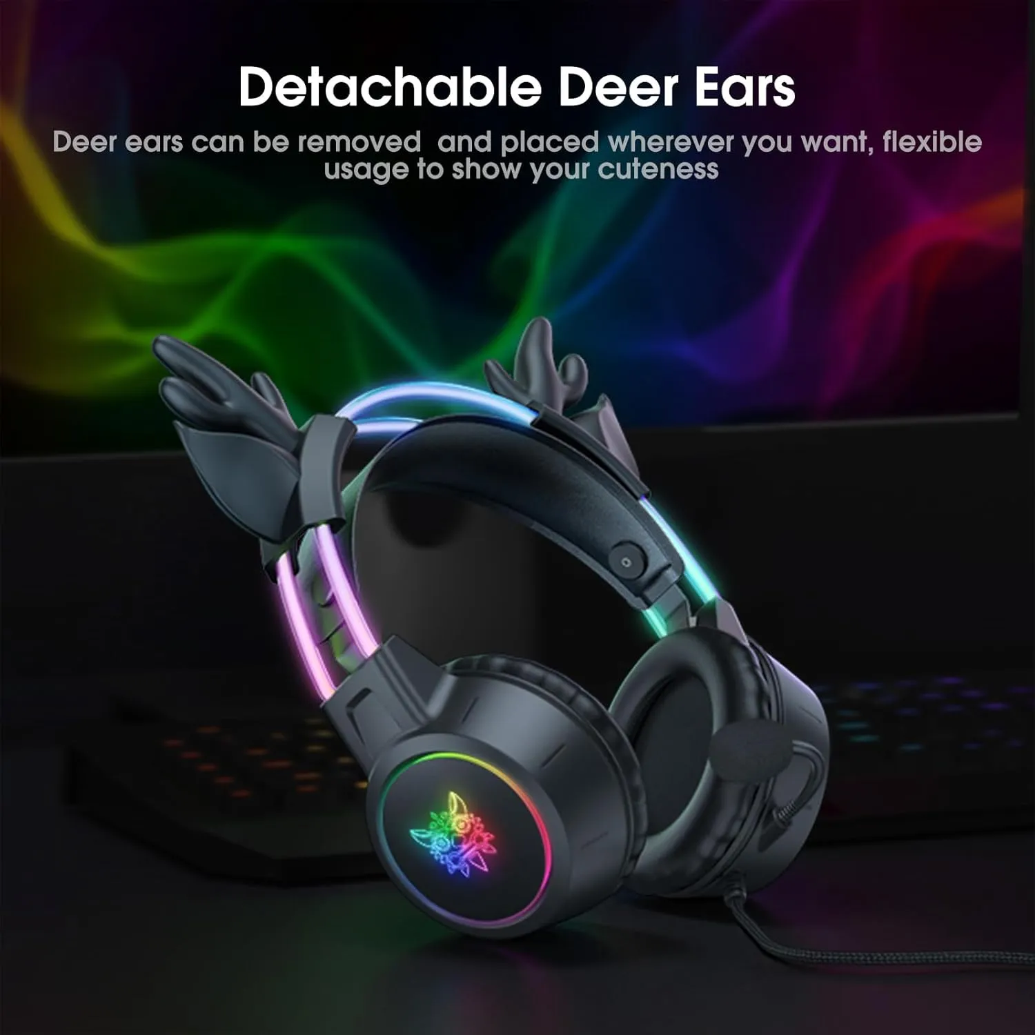Lightweight Gaming Headset with Detachable Deer Ear, RGB Lighting, Wired Over Ear Headphones with Mic for PC, PS4, PS5, Xbox, Switch, Stereo Surround Sound, Self-Adjusting Headband