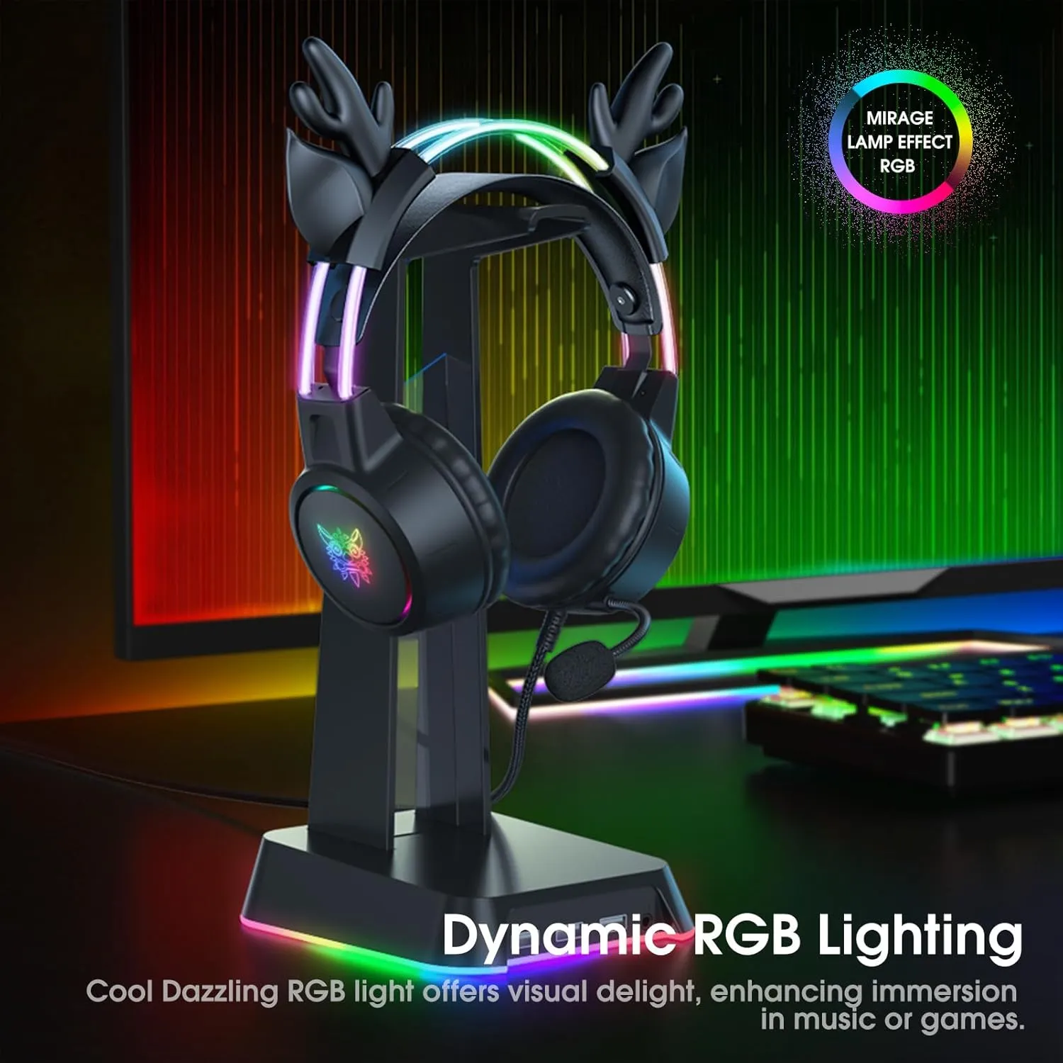 Lightweight Gaming Headset with Detachable Deer Ear, RGB Lighting, Wired Over Ear Headphones with Mic for PC, PS4, PS5, Xbox, Switch, Stereo Surround Sound, Self-Adjusting Headband