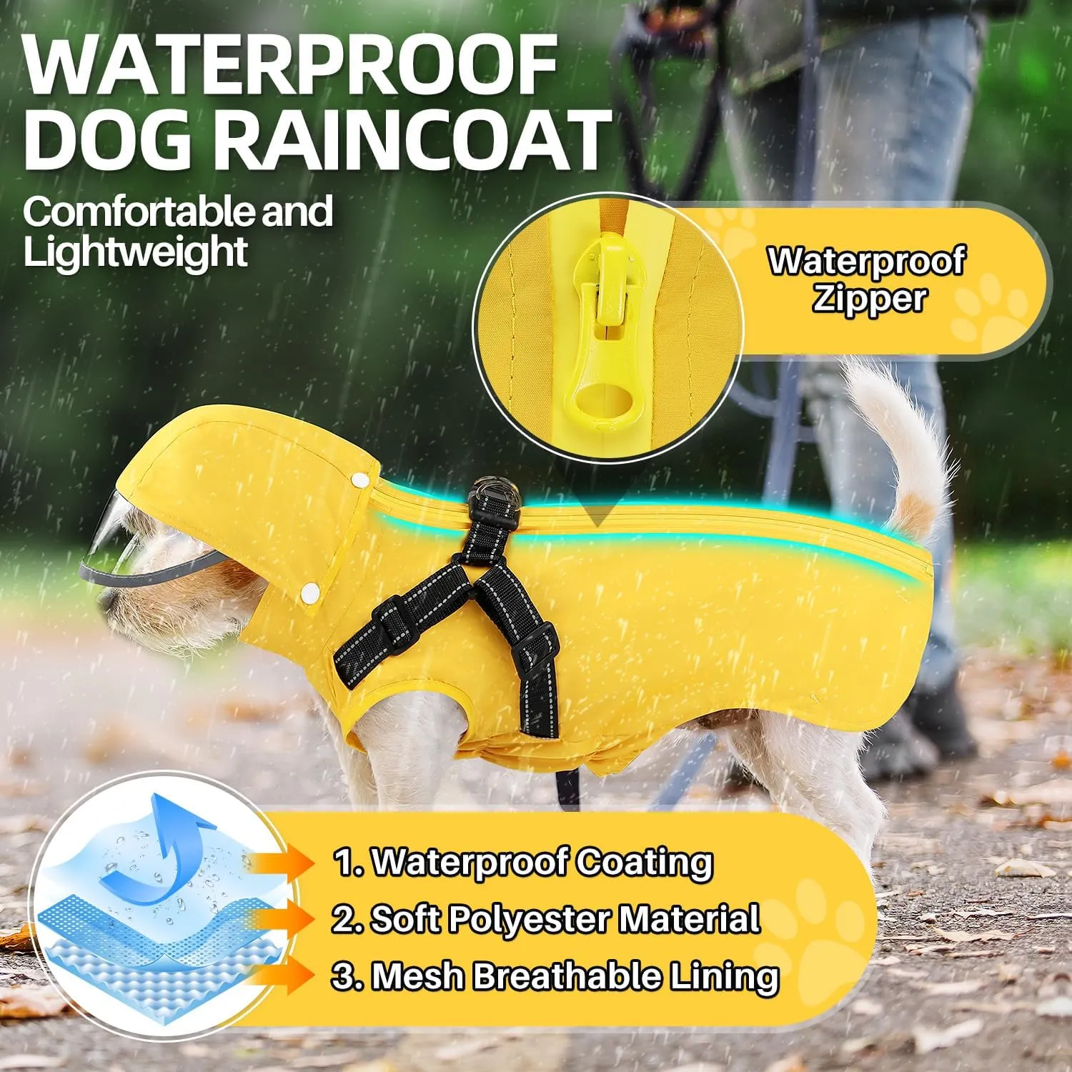Lukovee Dog Raincoat - Waterproof Rain Jacket with Harness & Removable Hood, Reflective Double Layer Dog Rain Coat Poncho for Small Medium Large Dogs Puppy (XS, Yellow)
