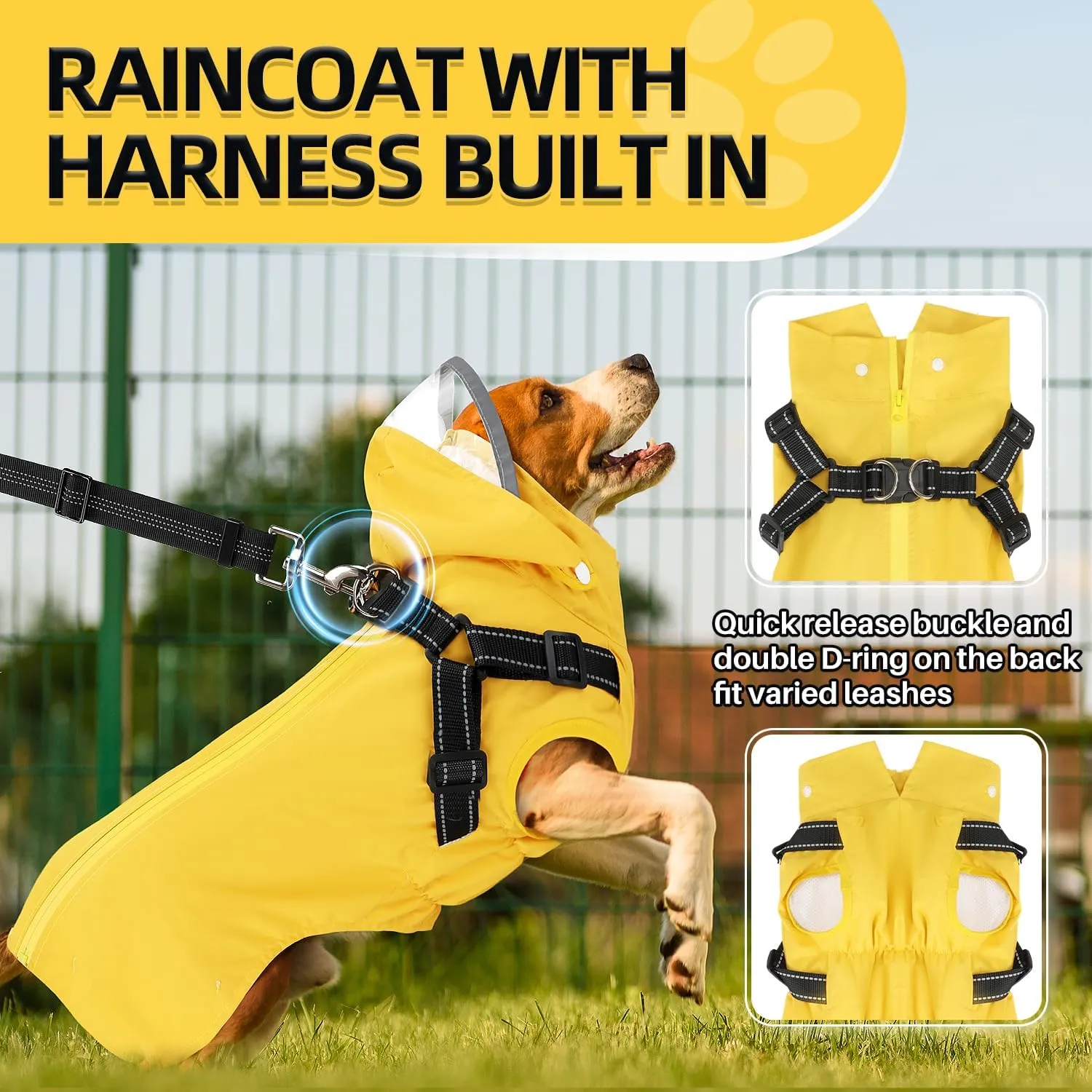 Lukovee Dog Raincoat - Waterproof Rain Jacket with Harness & Removable Hood, Reflective Double Layer Dog Rain Coat Poncho for Small Medium Large Dogs Puppy (XS, Yellow)