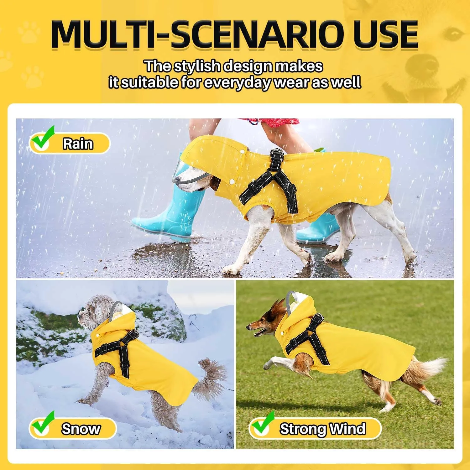 Lukovee Dog Raincoat - Waterproof Rain Jacket with Harness & Removable Hood, Reflective Double Layer Dog Rain Coat Poncho for Small Medium Large Dogs Puppy (XS, Yellow)