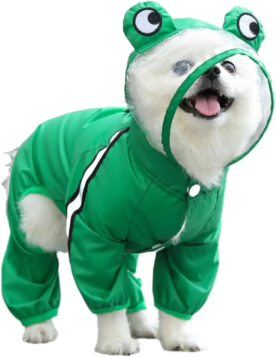 MANON ROSA Dog Raincoat Waterproof & Quick-Drying Puppy Rain Coat with Hood and Leash Hole Cute Hooded Rain Poncho Gear Clothes for Small Medium Large Dogs (Frog,Large)